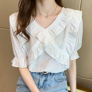 Bell-sleeve V-neck Ruffled Blouse