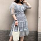 Off-shoulder Elbow-sleeve Mesh Dress