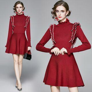 Long-sleeve Ruffle Mini A-line Dress Wine Red - One Size