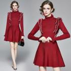 Long-sleeve Ruffle Mini A-line Dress Wine Red - One Size