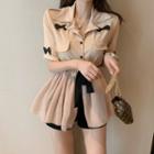 Short-sleeve Bow Accent Tie Waist Shirt Dress