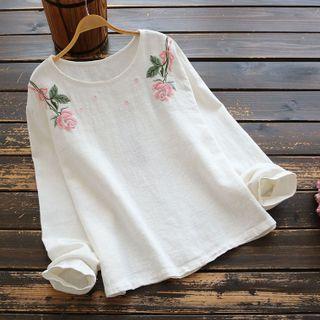Flower Embroidered Long-sleeve Linen T-shirt