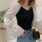 Puff-sleeve Knit Panel Top