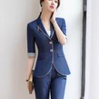 Zip Detail Single-breasted Elbow-sleeve Blazer / Plain Camisole Top / Mini Pencil Skirt / Dress Pants / Set