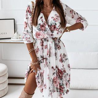 Floral-print Short-sleeve V-neck Midi Dress
