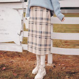 Plaid Midi Skirt Plaid - White & Blue - One Size