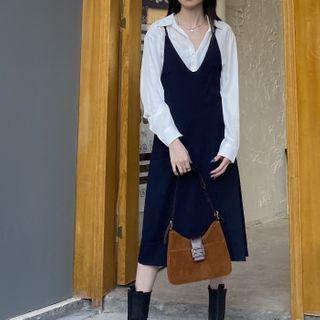 Set: Long-sleeve Shirt + Spaghetti Strap Midi A-line Dress Set - White Shirt & Spaghetti Strap Dress - Blue - One Size