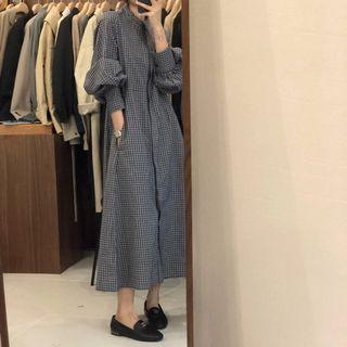 Long Sleeve Check Shirtdress Blue - One Size