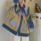 Fleece-lined Single-breasted Plaid Jacket Plaid - Yellow & Blue - One Size