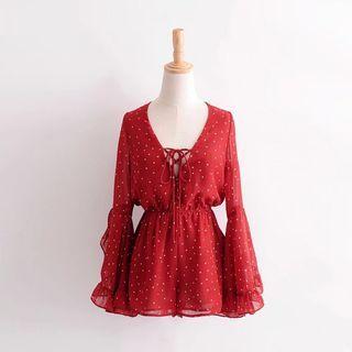 Bell-sleeve Lace-up Dotted Romper
