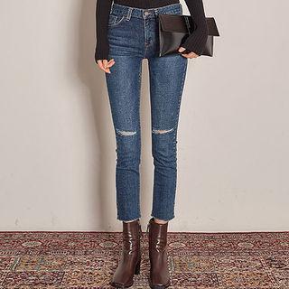 Slit-knee Fray-hem Slim-fit Jeans