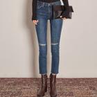 Slit-knee Fray-hem Slim-fit Jeans