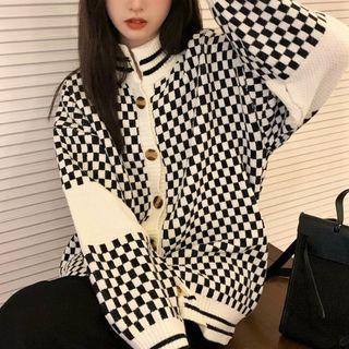 Checkerboard Panel Cardigan Check - Black & White - One Size