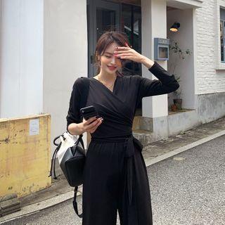Wrap-front Wide-leg Jumpsuit Black - One Size