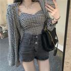 Long-sleeve Houndstooth Blouse / Sleeveless Houndstooth Top