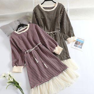 Mock Two-piece Long-sleeve Houndstooth Dress