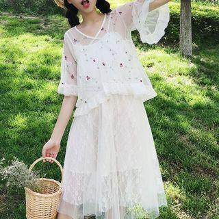Set: Flower Embroidered Short Sleeve Mesh Top + Spaghetti Strap Dress