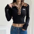 Long-sleeve Fluffy Leopard Trim Half-zip Crop Top