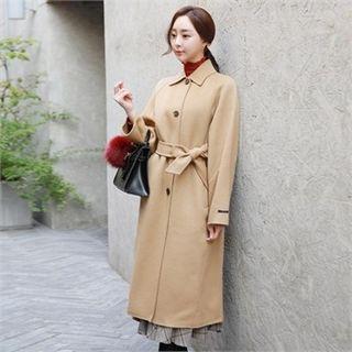 Single-breasted Wool Blend Long Coat With Sash