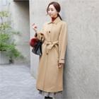 Single-breasted Wool Blend Long Coat With Sash