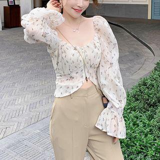 Long-sleeve Floral Print Zip Chiffon Crop Top