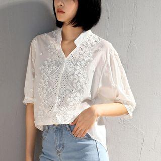 Elbow-sleeve Lace Crochet Blouse