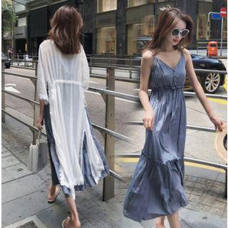 Set: Lace Trim 3/4-sleeve Chiffon Long Jacket + V-neck Spaghetti Strap Midi A-line Dress