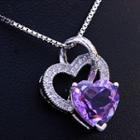 Rhinestone Heart Pendant Without Chain - Purple Rhinestone - Silver - One Size