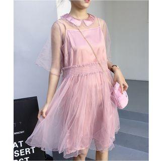 Set: Mesh Short-sleeve Dress + Spaghetti Strap Dress