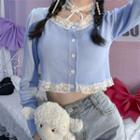 Lace Trim Cropped Knit Cardigan Blue - One Size