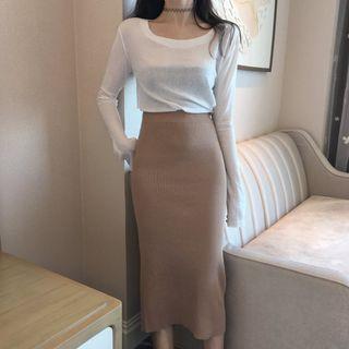 Split Hem Midi Knit Skirt