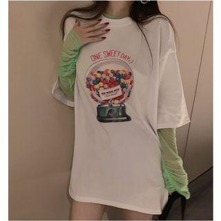 Mesh Long-sleeve T-shirt / Printed Elbow-sleeve T-shirt