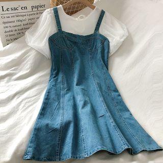 Set Of 2: Mesh Top + Sleeveless Denim A-line Dress