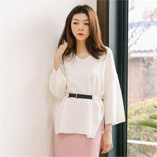V-neck Slit-side Top With Belt