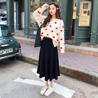 Heart Print Sweater / Midi A-line Skirt / Set
