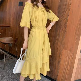 Off-shoulder Layered A-line Midi Dress