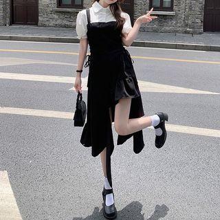 Short-sleeve Two Tone Asymmetrical A-line Dress