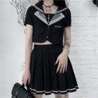 Set: Sailor Collar Cropped Shirt + Striped Pleated A-line Skirt