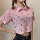 Short-sleeve Floral Print Cropped Polo Shirt