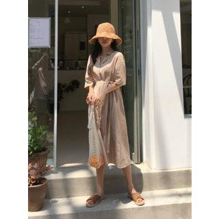 Open-placket Linen Blend Shirtdress With Sash