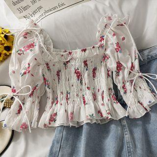 Printed Smocked Crop Top White - One Size