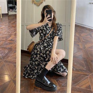 Short-sleeve Flower Print A-line Dres