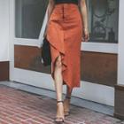 Drape-front Linen H-line Midi Skirt