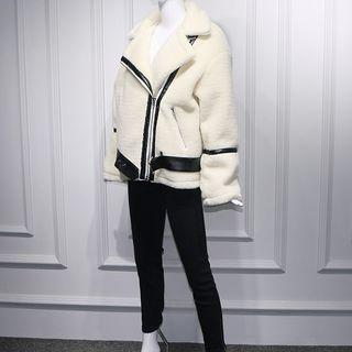 Star Pattern Sweater / Faux Leather Panel Furry Biker Jacket