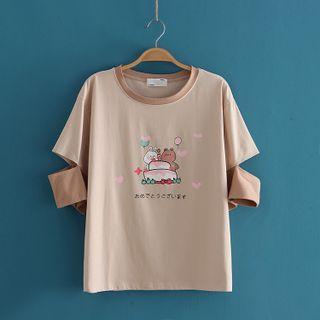 Rabbit Bear Print Round Neck Short Sleeve T-shirt