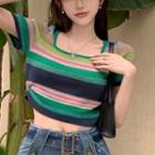 Short-sleeve Square Neck Striped Knit Top / Denim Mini Pencil Skirt