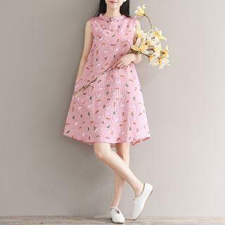 Sleeveless Print Frog Button Oversized Dress