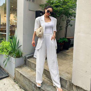 Padded-shoulder Elbow-sleeve Boxy Blazer
