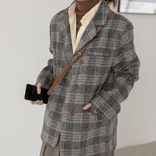 Notch Pale Double-breasted Plaid Jacket Gray - One Size