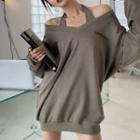 Set: Off-shoulder Sweatshirt + Halter Mini Sheath Tank Dress